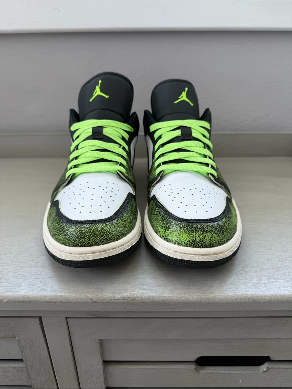 Jordan 1 Low Top Sneakers - Men’s Size 13 - White, Black & Neon Green - Picture 2 of 5